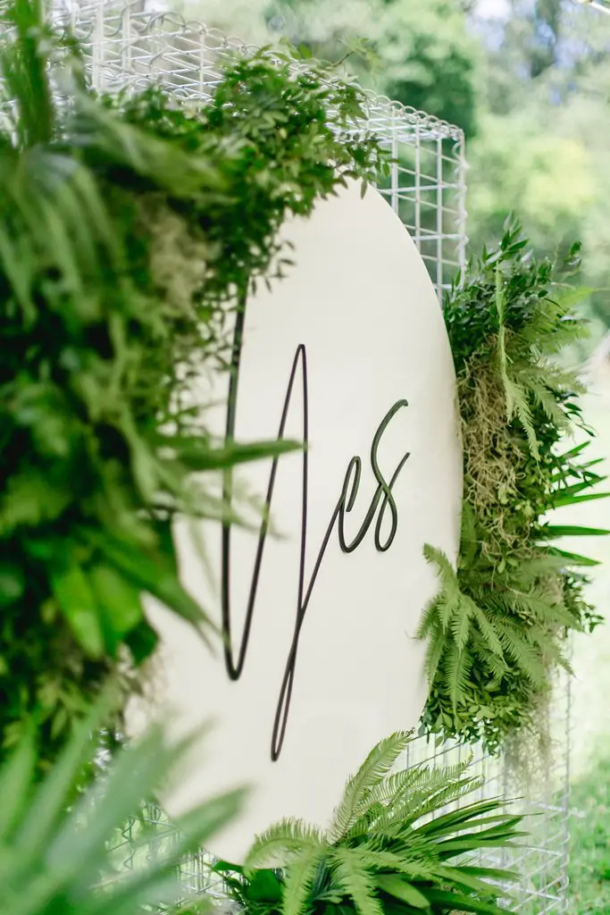 Rundes Yes-Schild zwischen Farnen und grünen Zweigen