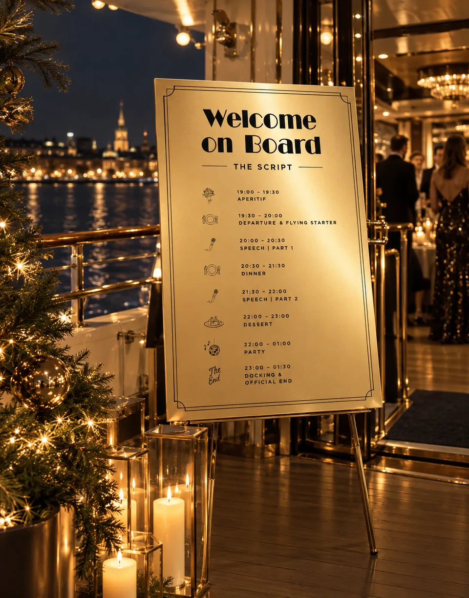 Goldenes Welcome-on-Board-Schild mit Ablauf der Christmas Cruise