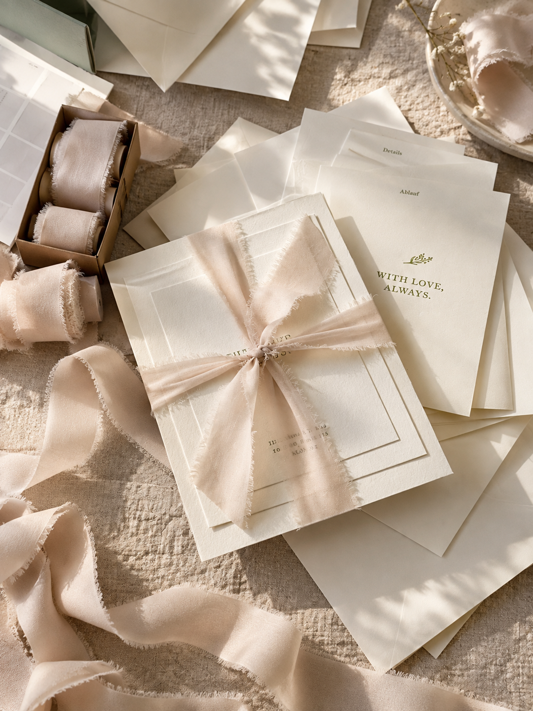 Cremefarbene Hochzeitspapeterie mit olivgrüner Schrift und zartem Stoffband